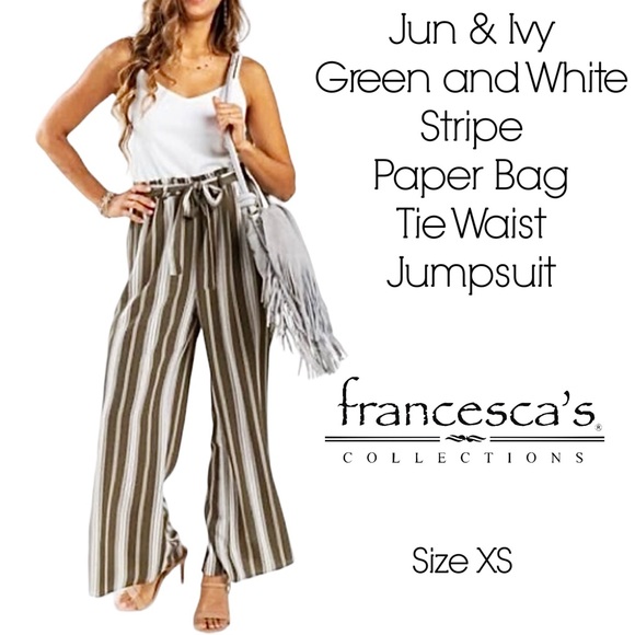 Jun & Ivy Pants - Francesca’s Jun & Ivy Green and White Striped Paper Bag Tie Waist Jumpsuit